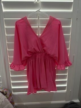 She + Sky Hot Pink V-Neck Ruffle Sleeve Tunic